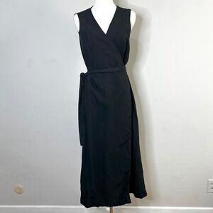 Witchery Dress Linen Blend Wrap Tie Waist Black Midi Maxi V-Neck Size 12